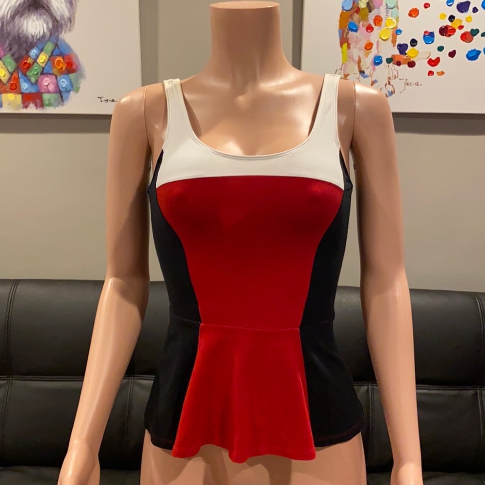 Express Tri Color Peplum Tank Top XS Black White Red Zip Back Stretch